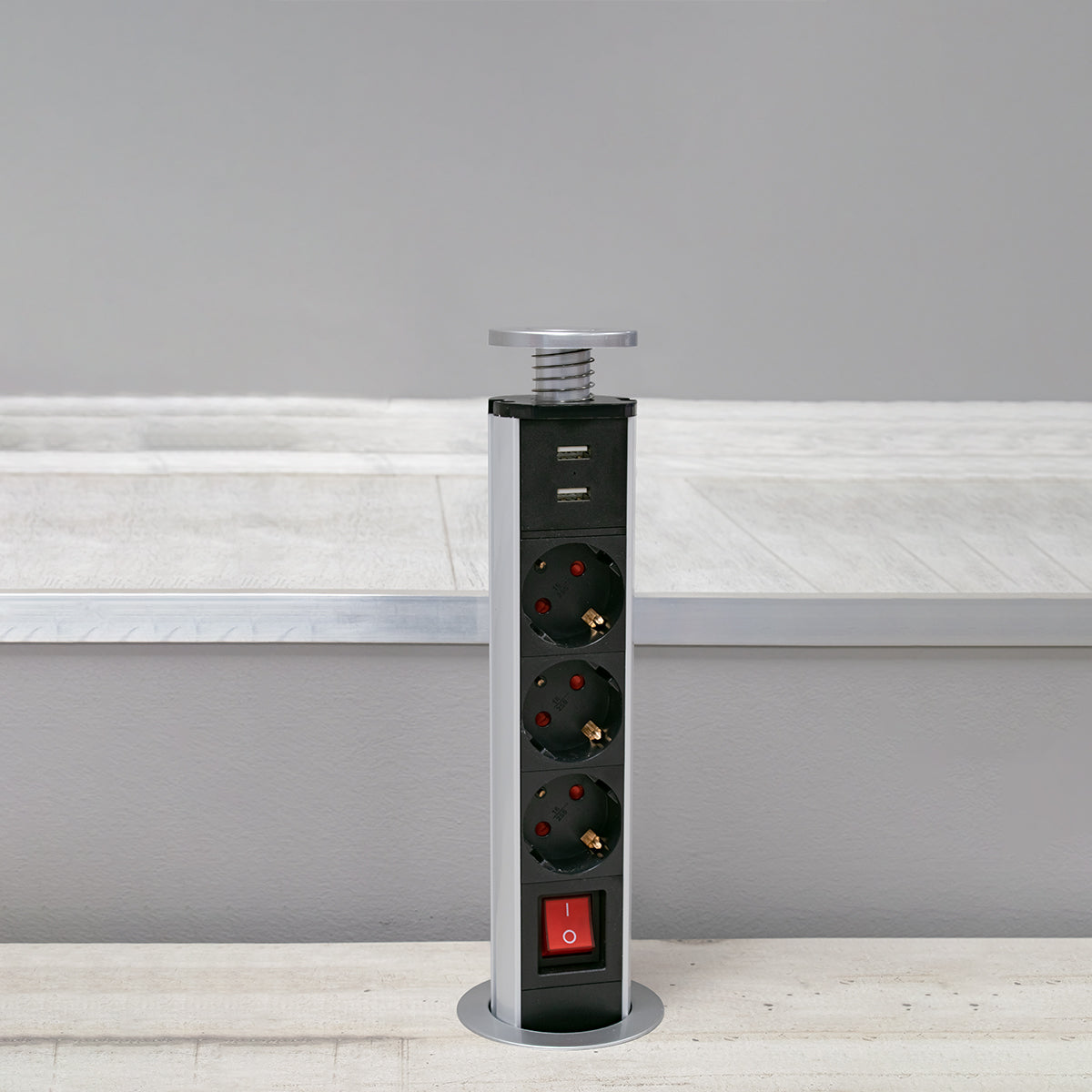 GLOBOSTAR® POWERFOLD 79630 Χωνευτό Πτυσσόμενο Πολύπριζο 5 Θέσεων με 2 x Πρίζες DC 5V USB 3.0 & 3 x EU Schuko Πρίζες Ασφαλείας Childproof AC 220-240V 3000W/13A Max Load με Διακόπτη On/Off IP20 - Μαύρο & Γκρι - Μ8 x Π8 x Υ33cm - ledmania.gr