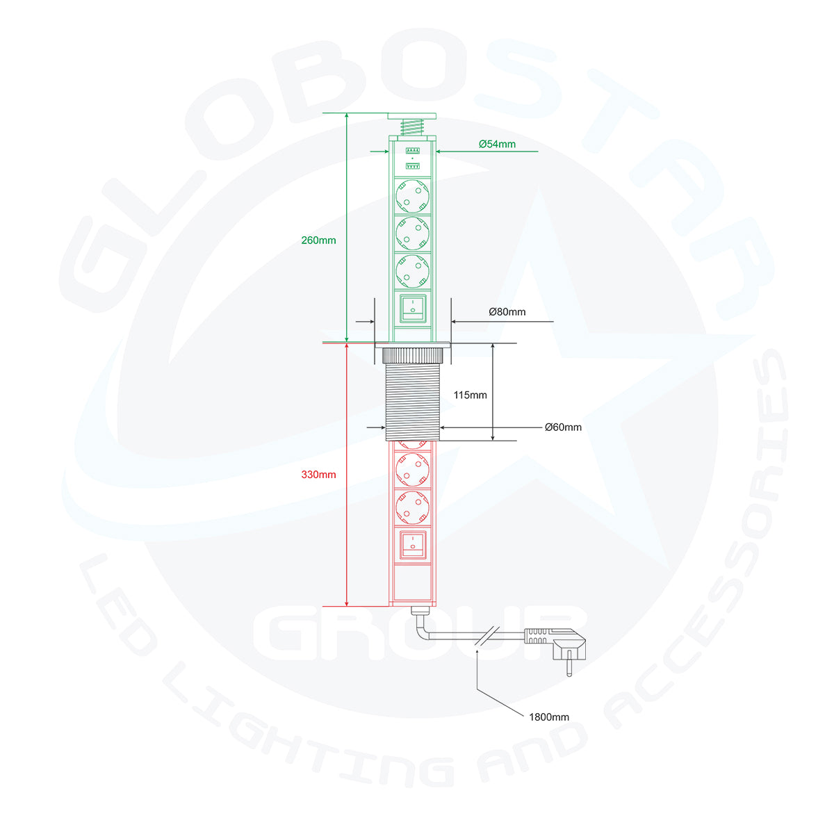 GLOBOSTAR® POWERFOLD 79630 Χωνευτό Πτυσσόμενο Πολύπριζο 5 Θέσεων με 2 x Πρίζες DC 5V USB 3.0 & 3 x EU Schuko Πρίζες Ασφαλείας Childproof AC 220-240V 3000W/13A Max Load με Διακόπτη On/Off IP20 - Μαύρο & Γκρι - Μ8 x Π8 x Υ33cm - ledmania.gr