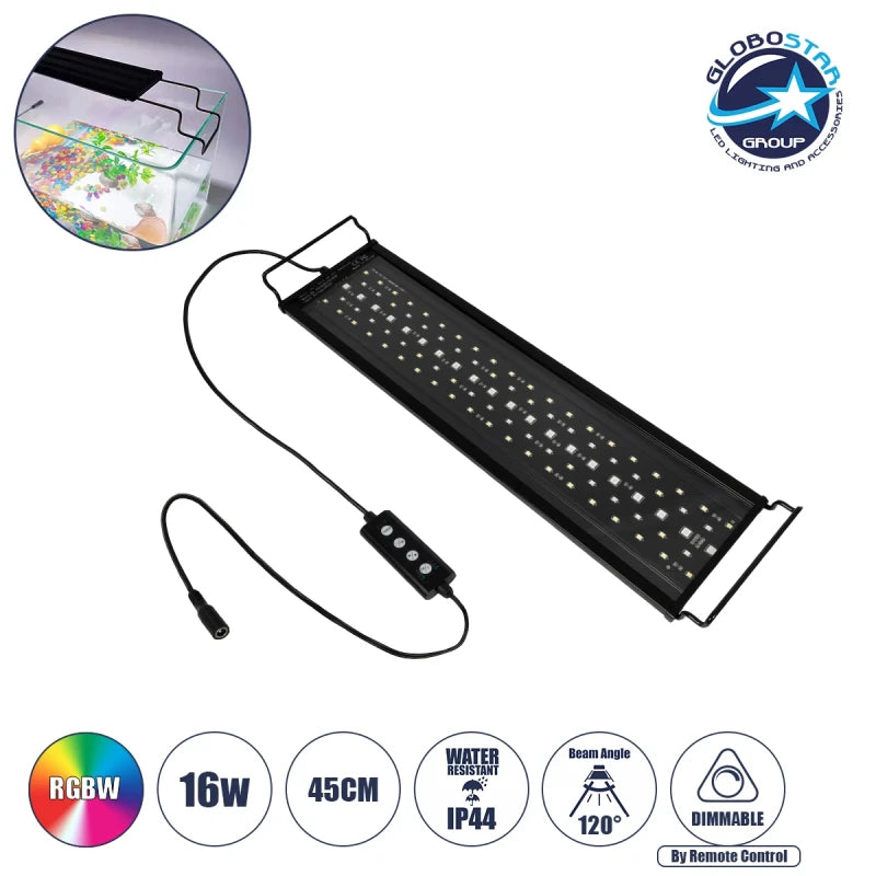 GLOBOSTAR® AQUARIUS 79679 Φωτιστικό Ενυδρείου με Ενσωματωμένο Χειριστήριο LED 16W 800lm 120° AC 220-240V Αδιάβροχο IP44 Πολύχρωμο RGBW Dimmable - Sanan SMD Chip - Μαύρο - Μ45 x Π11 x Υ3cm - 2 Χρόνια Εγγύηση