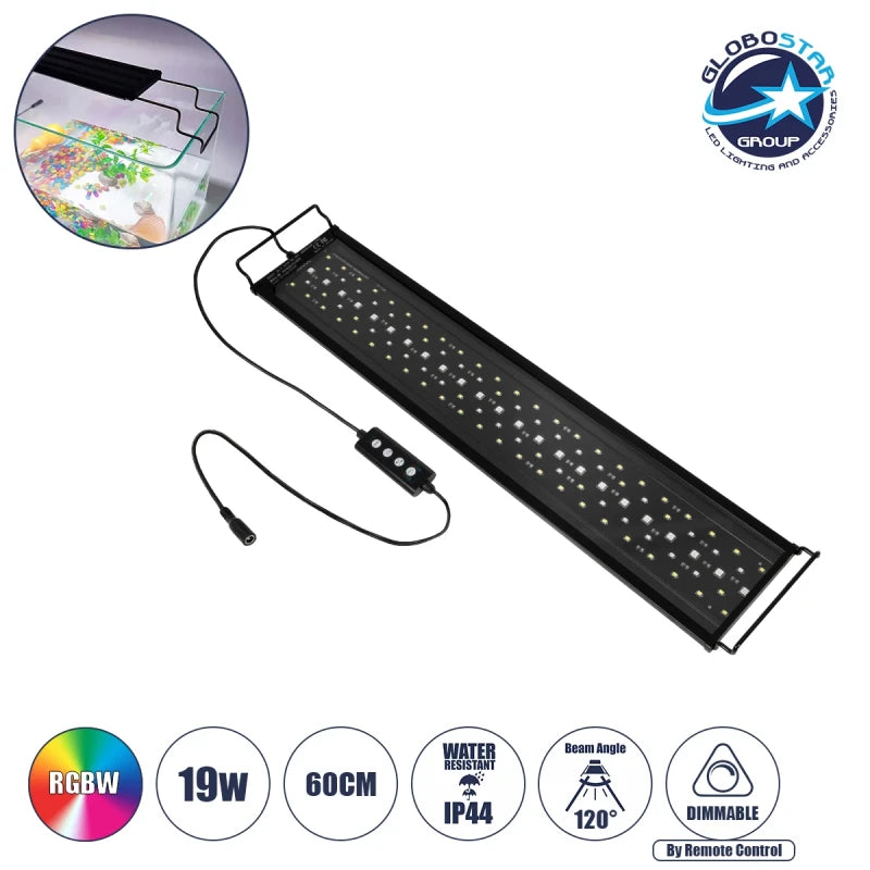 GLOBOSTAR® AQUARIUS 79680 Φωτιστικό Ενυδρείου με Ενσωματωμένο Χειριστήριο LED 19W 950lm 120° AC 220-240V Αδιάβροχο IP44 Πολύχρωμο RGBW Dimmable - Sanan SMD Chip - Μαύρο - Μ60 x Π11 x Υ3cm - 2 Χρόνια Εγγύηση