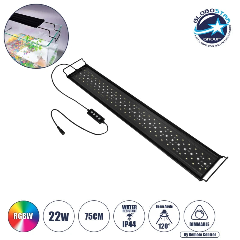 GLOBOSTAR® AQUARIUS 79681 Φωτιστικό Ενυδρείου με Ενσωματωμένο Χειριστήριο LED 22W 1100lm 120° AC 220-240V Αδιάβροχο IP44 Πολύχρωμο RGBW Dimmable - Sanan SMD Chip - Μαύρο - Μ75 x Π11 x Υ3cm - 2 Χρόνια Εγγύηση
