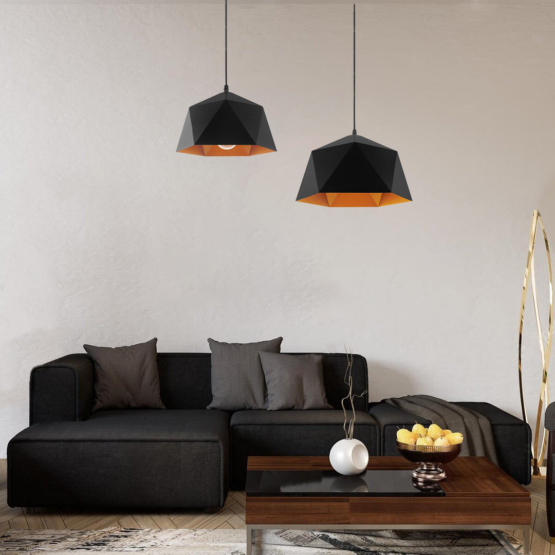 GloboStar® HEXAGON 01194 Μοντέρνο Κρεμαστό Φωτιστικό Οροφής Μονόφωτο Μαύρο - Χρυσό Μεταλλικό Καμπάνα Φ25 x Υ15cm - ledmania.gr