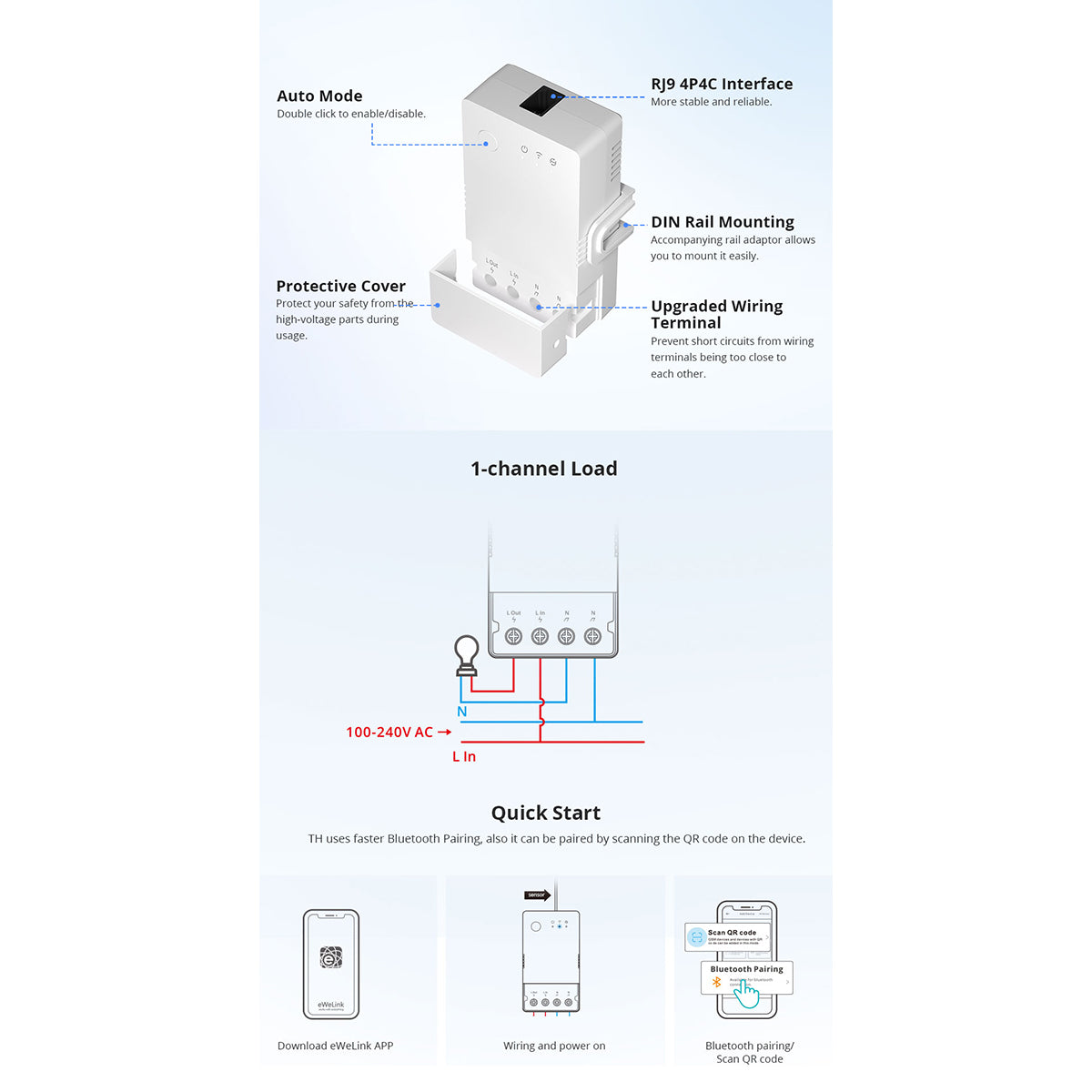 GloboStar® 80081 SONOFF THR316 TH ORIGIN Smart LAN & WiFi 2.4GHz Temperature and Humidity Control AC 100-240V Max 16A