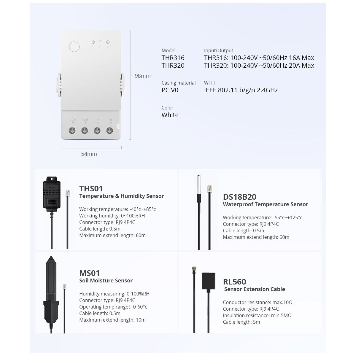 GloboStar® 80081 SONOFF THR316 TH ORIGIN Smart LAN & WiFi 2.4GHz Temperature and Humidity Control AC 100-240V Max 16A