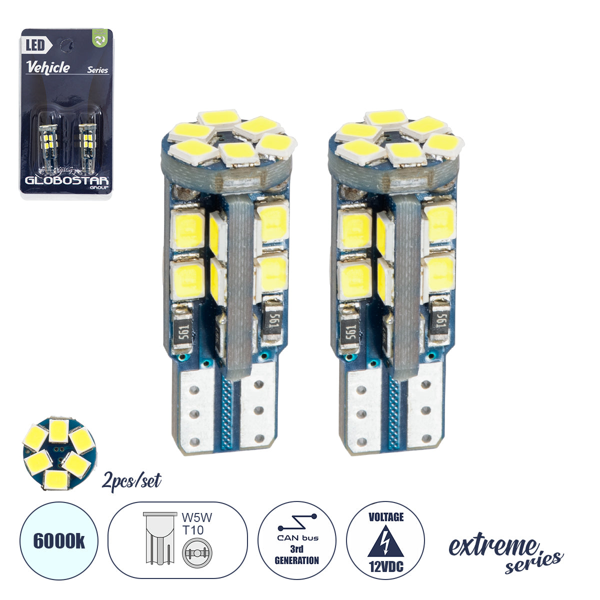GLOBOSTAR® W5W-T10 81103-B Λάμπα W5W T10 CANbus LED 3.2W/6.4W 432lm/864lm 360° DC 12V IP20 Ψυχρό Λευκό 6000K - 24 x Epistar SMD2835 Chip - Μ1.1 x Π1.1 x Υ2.8cm - Πακέτο Blister 2 Τεμαχίων - 1 Χρόνο Εγγύηση - ledmania.gr