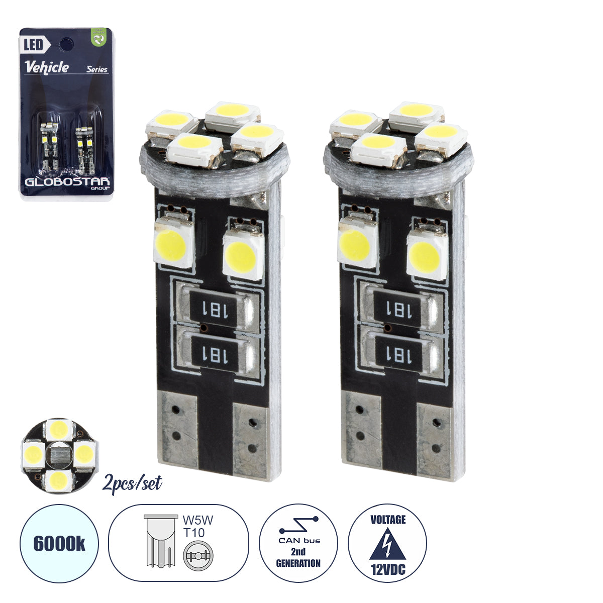 GLOBOSTAR® W5W-T10 81119-B Λάμπα W5W T10 CANbus LED 2W/4W 250lm/500lm 360° DC 12V IP20 Ψυχρό Λευκό 6000K - 8 x Epistar SMD1210 Chip - Μ1 x Π1 x Υ2.5cm - Πακέτο Blister 2 Τεμαχίων - 1 Χρόνο Εγγύηση - ledmania.gr