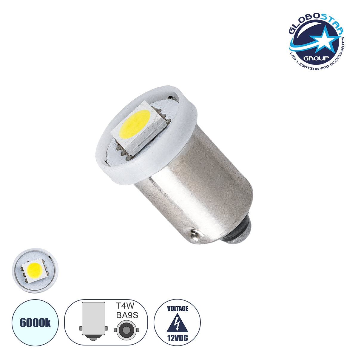 GloboStar® BA9S T4W 81282 Λάμπα Αυτοκίνητου 5050 1SMD HIGH BRIGHT 0.12W 12LM DC12V IP20 Ψυχρό Λευκό 6000K