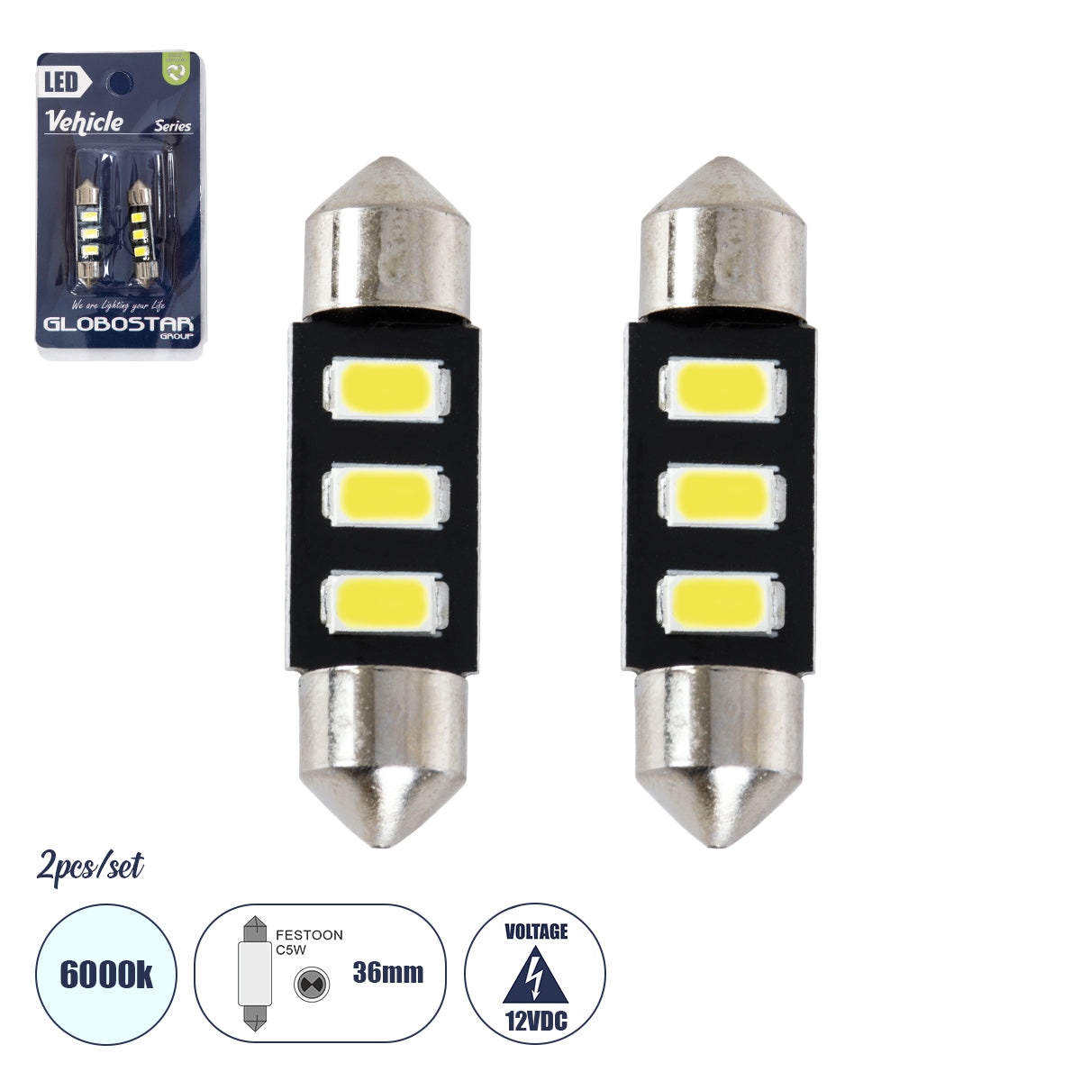 GLOBOSTAR® C5W 81302-B Σωληνωτή Λάμπα C5W 36mm LED 0.4W/0.8W 60lm/120lm 120° DC 12V IP20 Ψυχρό Λευκό 6000K - 3 x Epistar SMD5630 Chip - Μ3.6 x Π0.9 x Υ0.9cm - Πακέτο Blister 2 Τεμαχίων - 1 Χρόνο Εγγύηση