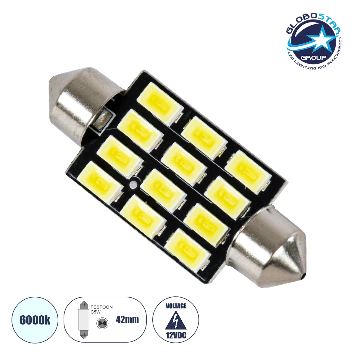 GloboStar® 81308 Λάμπα Αυτοκινήτου LED 42mm FESTOON - C5W 12xSMD5630 6W 900lm 120° DC 12-16V IP20 Μ4.2 x Π1.2 x Υ1.2cm Ψυχρό Λευκό 6000K