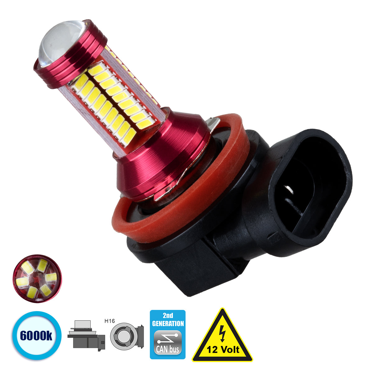 GloboStar® 81430 Λάμπα Αυτοκίνητου H16 2nd Generation Can-Bus Series LED 78 SMD 3014 9W 1350lm 360° DC 12V IP20 Ψυχρό Λευκό 6000K - ledmania.gr