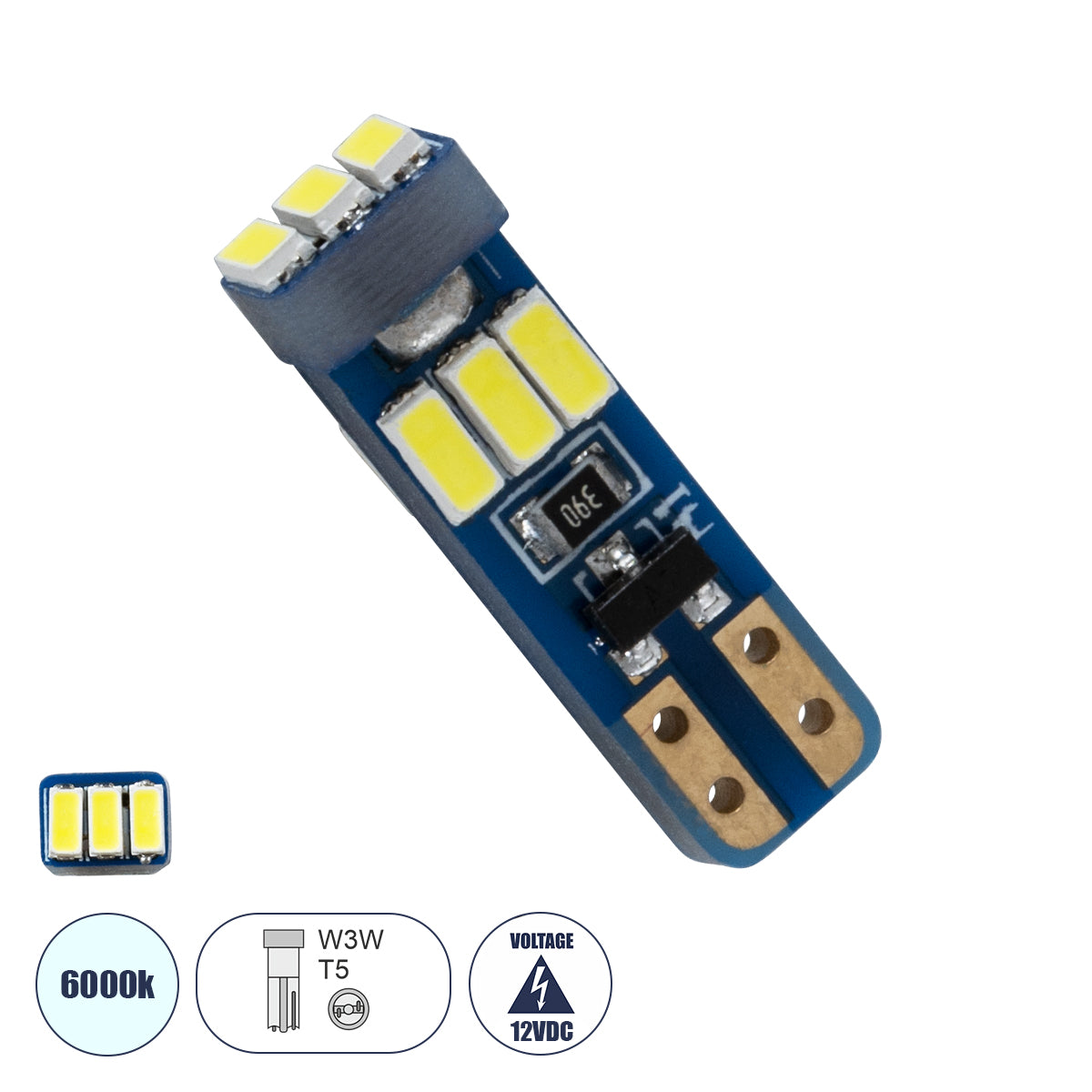 GLOBOSTAR® W5W-T10 81467 Λάμπα W5W T5 LED 0.8W 140lm 360° DC 12V IP20 Ψυχρό Λευκό 6000K - 9 x Epistar SMD3014 Chip - Μ0.5 x Π0.4 x Υ1.8cm - 1 Χρόνο Εγγύηση