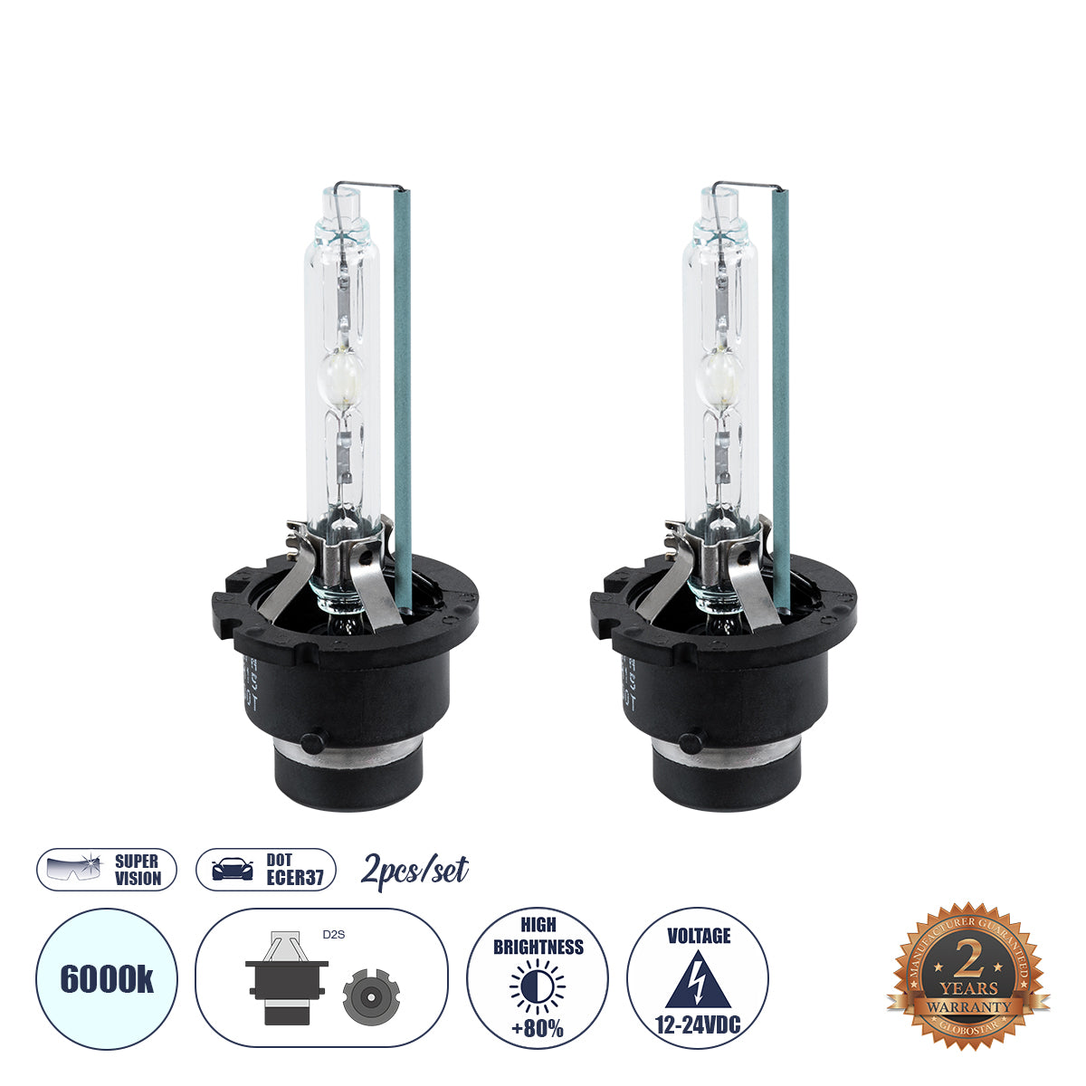 GLOBOSTAR® HID 84042 Λάμπα Xenon D2S/D2C Super Vision Υψηλής Φωτεινότητας +80% CANbus DOT ECER37 55W/110W 5000lm/10000lm 360° DC 12-24V Αδιάβροχο IP65 Ψυχρό Λευκό 6000K - Μ3.2 x Π3.2 x Υ7.5cm - Πακέτο 2 Τεμαχίων - 2 Χρόνια Εγγύηση - ledmania.gr