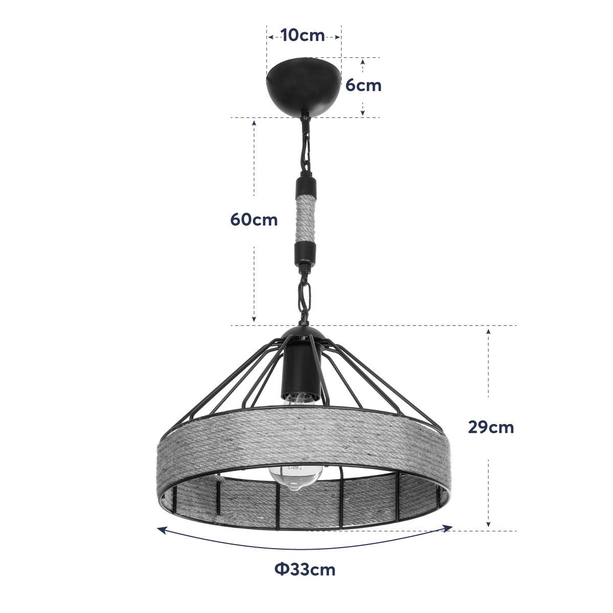 GloboStar® ZION 203-0003 Vintage Κρεμαστό Φωτιστικό Σχοινί Μονόφωτο 1 x E27 IP20 Μαύρο Μέταλλο με Μπεζ Σχοινί - Μ33 x Π33 x Υ29cm - ledmania.gr