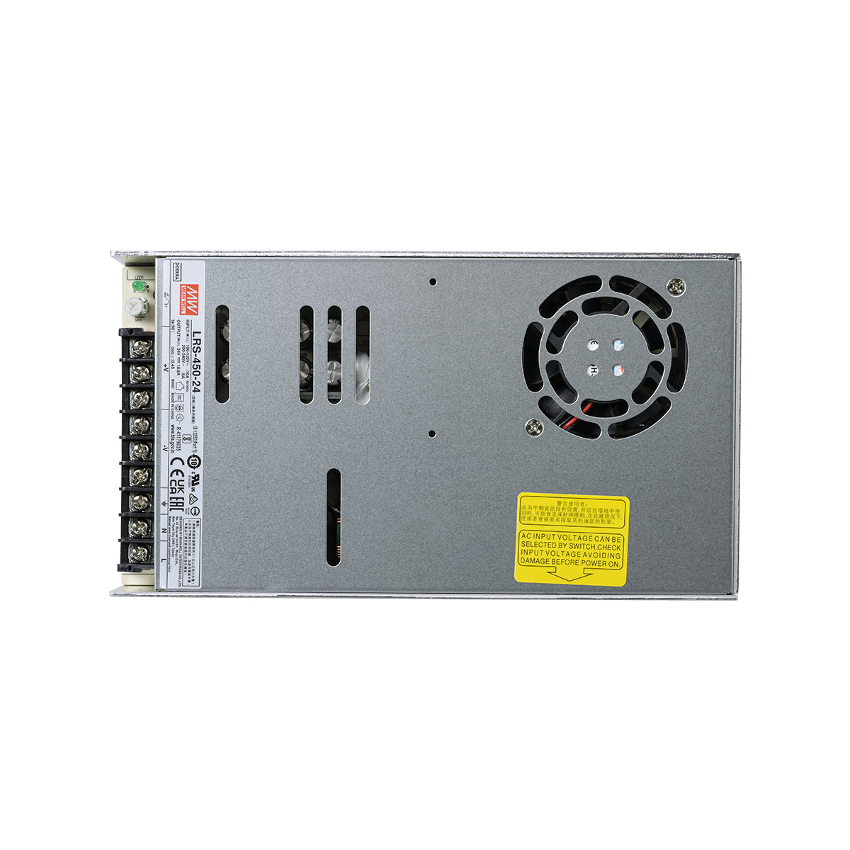 GLOBOSTAR® MEANWELL-LRS450-24 90787 Τροφοδοτικό/Μετασχηματιστής PELV 450W 18.8A DC 24V IP20 - AC 220-240V σε DC 24V / Ρυθμιζόμενo από DC 21.6V έως DC 28.8V - Μ22.5 x Π12.4 x Υ3.5cm - 3 Χρόνια Εγγύηση - ledmania.gr