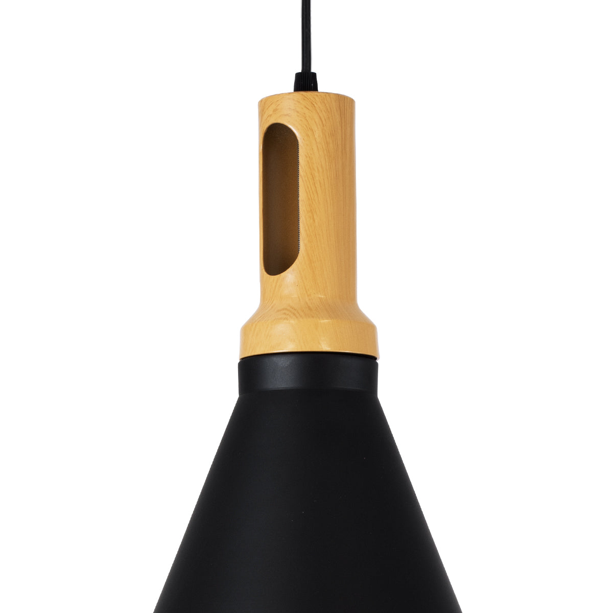 GloboStar® CALYPSO 01334-C Μοντέρνο Κρεμαστό Φωτιστικό Οροφής Μονόφωτο 1 x E27 Μαύρο - Χρυσό Μεταλλικό με Ξύλινη Βάση Καμπάνα Φ25 x Υ40cm - ledmania.gr