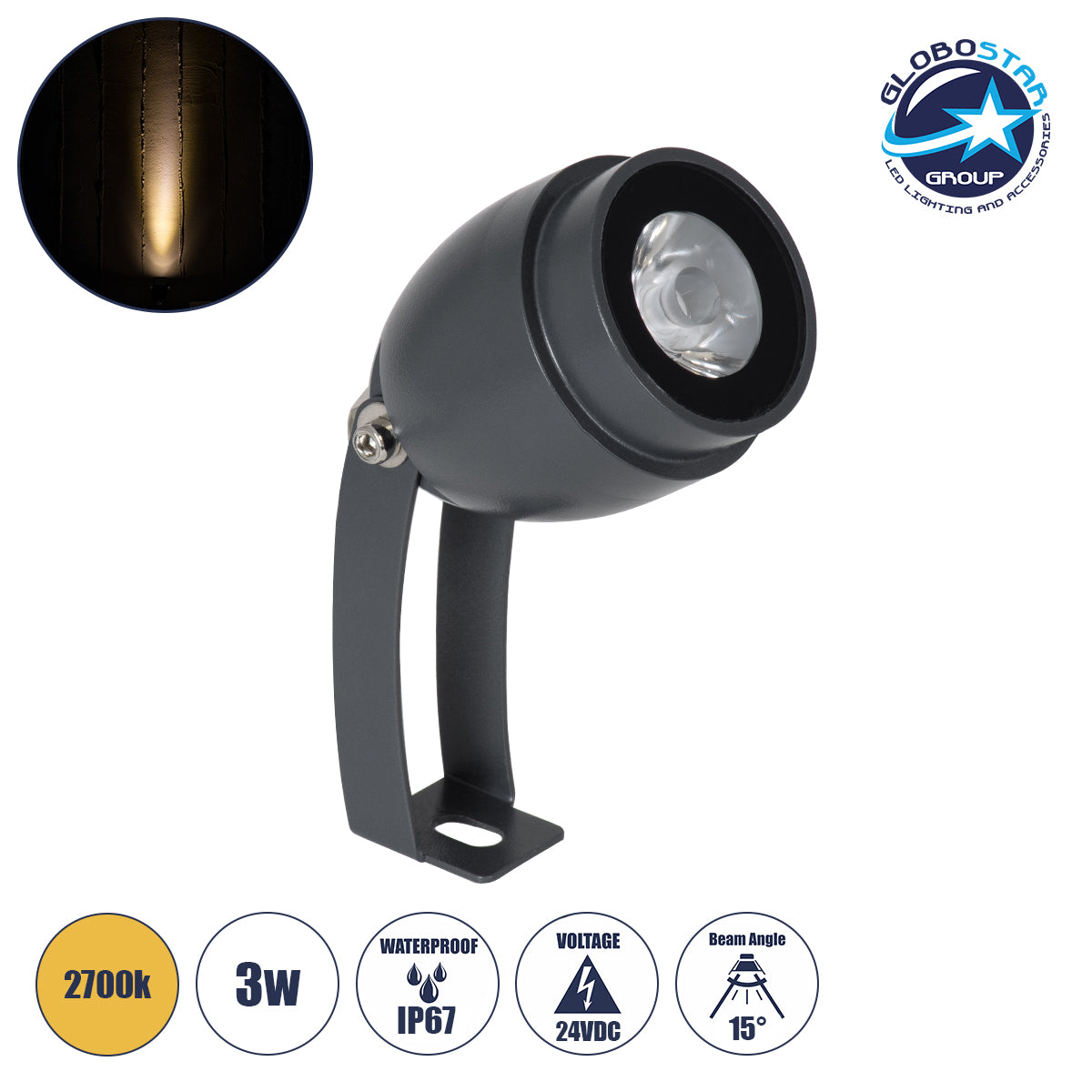 GLOBOSTAR® TREELIGHT-TREEGAL 90461 Σποτ Φωτισμού για Φυτά - Δέντρα με Βάση Μπετού & Κορμού LED 3W 330lm 15° DC 24V Αδιάβροχο IP65 Θερμό Λευκό 2700K Dimmable - Γκρι Ανθρακί - Μ5 x Π5 x Υ14.7cm - 3 Χρόνια Εγγύηση - ledmania.gr