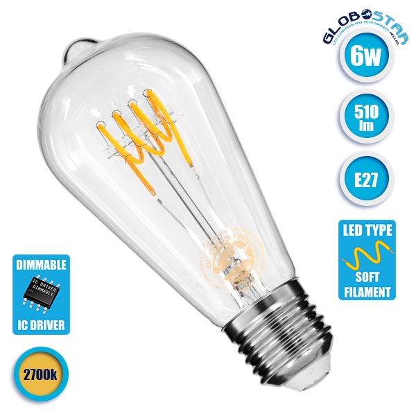 GloboStar® 99140 Λάμπα E27 ST64 Αχλάδι LED SOFT T SPIRAL FILAMENT 6W 510 lm 320° AC 85-265V Edison Retro με Διάφανο Γυαλί Θερμό Λευκό 2700 K Dimmable