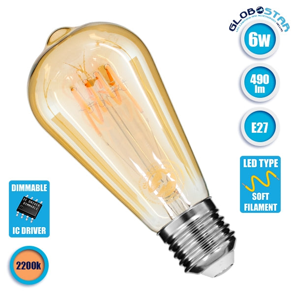 GloboStar® 99141 Λάμπα E27 ST64 Αχλάδι LED SOFT T SPIRAL FILAMENT 6W 490 lm 320° AC 85-265V Edison Retro με Μελί Γυαλί Ultra Θερμό Λευκό 2200 K Dimmable