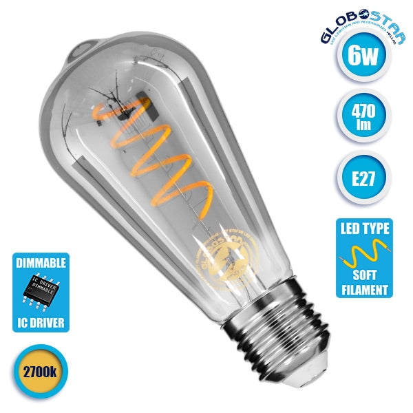 GloboStar® 99145 Λάμπα E27 ST64 Αχλάδι LED SOFT S SPIRAL FILAMENT 6W 470 lm 320° AC 85-265V Edison Retro με Φιμέ Γυαλί Θερμό Λευκό 2700 K Dimmable