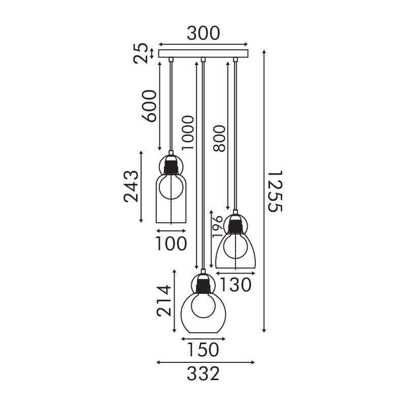 JULIETTE-ΦΩΤΙΣΤΙΚΟ ΚΡΕΜΑΣΤΟ ΜΑΥΡΟ ΓΥΑΛΙΝΟ ΣΥΜΒΑΤΙΚΟ ΙΡ20 3xΕ27 330XH1255mm - ledmania.gr