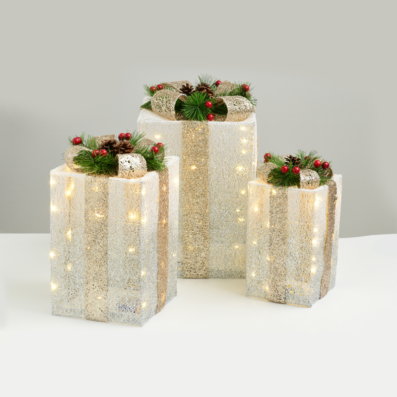 ^ SET WHITE&SILVER GIFT BOX,CHAMPAGN GOLD BOW 90(20+30+40) WW MINILED ΜΠΑΤ.3*3ΑΑ IP20 30,36,41CM - ledmania.gr