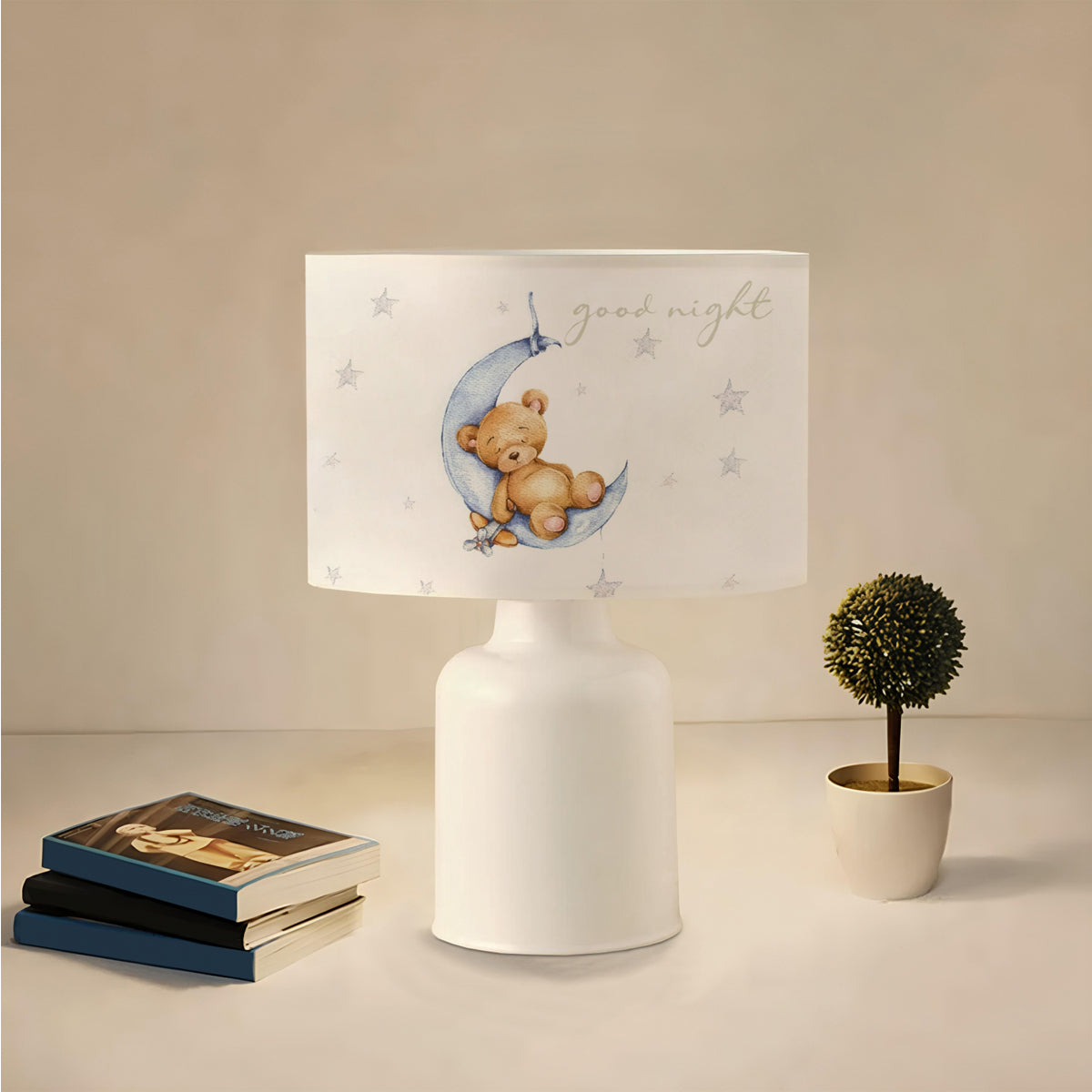 GloboStar® MOON 204-0023 Παιδικό Eπιτραπέζιο Φωτιστικό Φιγούρα Μονόφωτο 1 x E27 IP20 Λευκό Ύφασμα - Μ24 x Π24 x Υ32cm - ledmania.gr