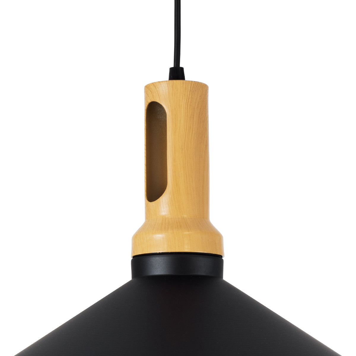 GloboStar® CALYPSO 01334-B Μοντέρνο Κρεμαστό Φωτιστικό Οροφής Μονόφωτο 1 x E27 Μαύρο - Χρυσό Μεταλλικό με Ξύλινη Βάση Καμπάνα Φ36 x Υ35cm - ledmania.gr