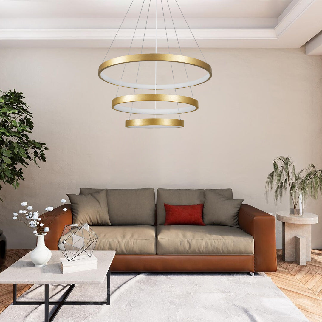 GloboStar® NEMESIS TRIO 61172-DECO Κρεμαστό Φωτιστικό Δαχτυλίδι-Κύκλος LED CCT 120W 14723lm 360° AC 220-240V - Εναλλαγή Φωτισμού μέσω Τηλεχειριστηρίου All In One Ψυχρό 6000k+Φυσικό 4500k+Θερμό 2700k Dimmable Φ40+60+80cm - Χρυσό Βούρτσας - 3 Years Warranty - ledmania.gr