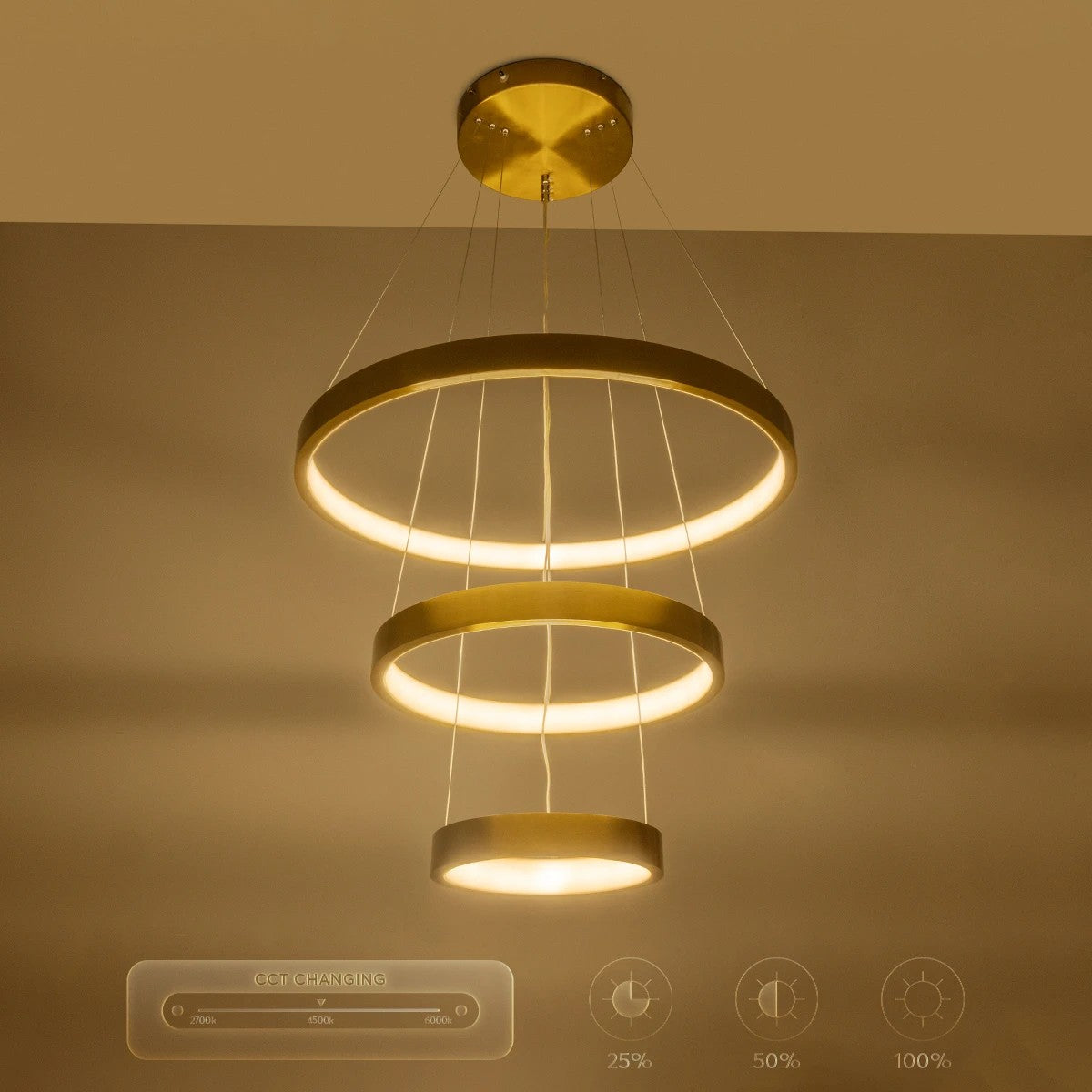 kelvo® NEMESIS KLV-101-0219 Κρεμαστό Φωτιστικό Οροφής LED 100W 10000lm 180° AC 220-240V IP20 Ρυθμιζόμενο Λευκό CCT με Χειριστήριο από 2700K έως 6000K Dimmable - Lumileds SMD Chip - Χρυσό Πλατίνα - Μ60 x Π60 x Υ60cm - 3 Χρόνια Εγγύηση