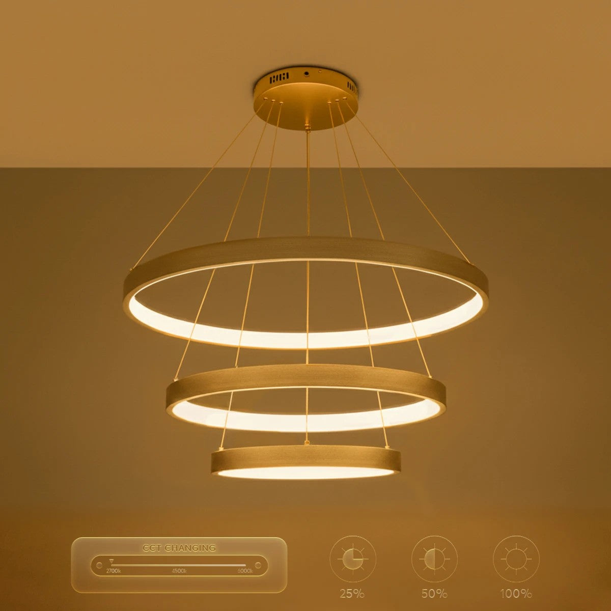 kelvo® NEMESIS KLV-101-0222 Κρεμαστό Φωτιστικό Οροφής LED 120W 12000lm 180° AC 220-240V IP20 Ρυθμιζόμενο Λευκό CCT με Χειριστήριο από 2700K έως 6000K Dimmable - Lumileds SMD Chip - Χρυσό Πλατίνα - Μ80 x Π80 x Υ80cm - 3 Χρόνια Εγγύηση