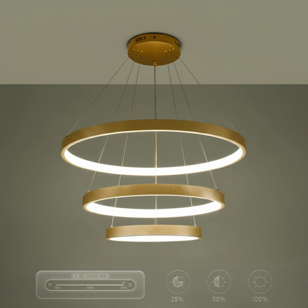 kelvo® NEMESIS KLV-101-0222 Κρεμαστό Φωτιστικό Οροφής LED 120W 12000lm 180° AC 220-240V IP20 Ρυθμιζόμενο Λευκό CCT με Χειριστήριο από 2700K έως 6000K Dimmable - Lumileds SMD Chip - Χρυσό Πλατίνα - Μ80 x Π80 x Υ80cm - 3 Χρόνια Εγγύηση