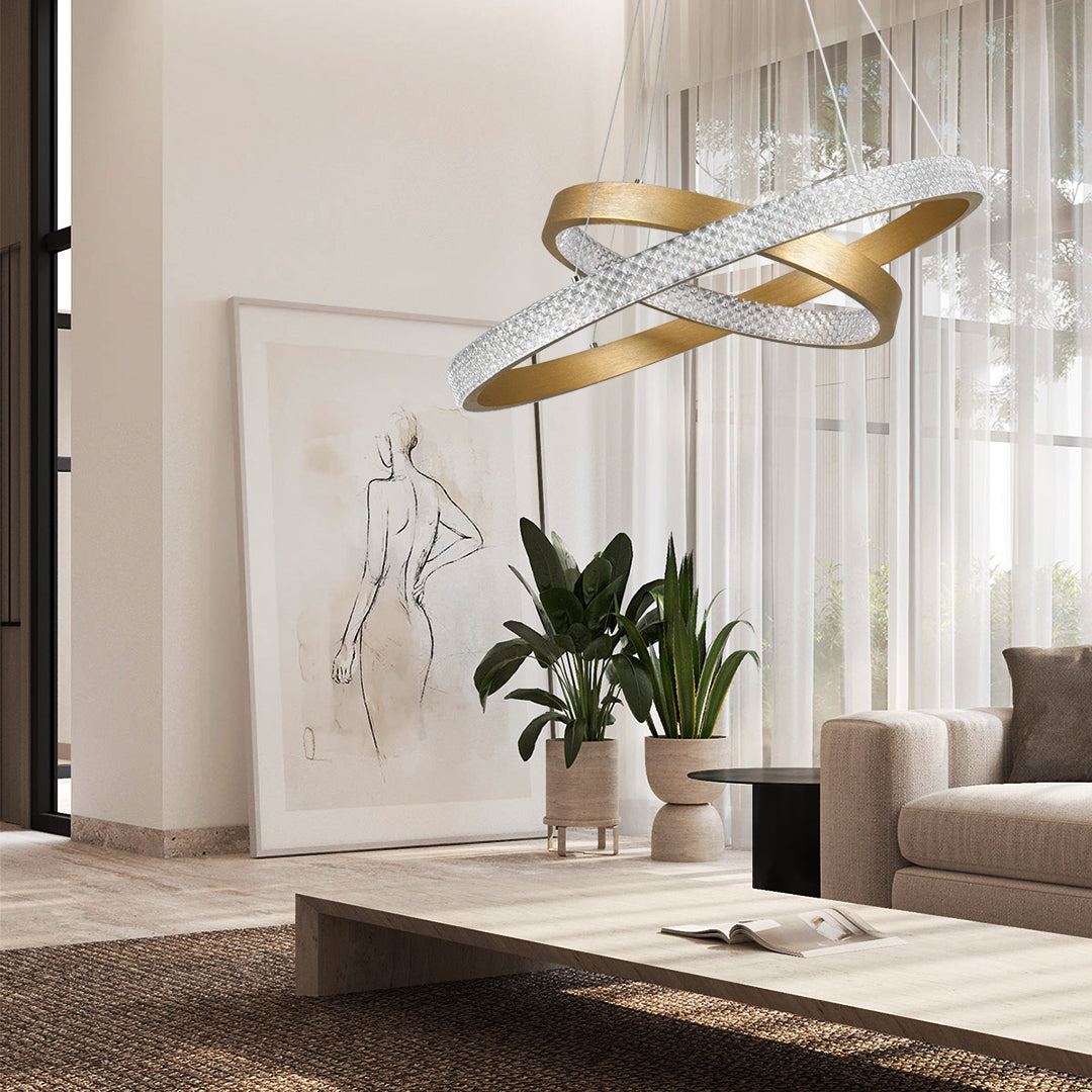 GloboStar® DIAMOND DUO 61151-DECO Κρεμαστό Φωτιστικό Δαχτυλίδι-Κύκλος LED CCT 75W 8743lm 360° AC 220-240V - Εναλλαγή Φωτισμού μέσω Τηλεχειριστηρίου All In One Ψυχρό 6000k+Φυσικό 4500k+Θερμό 2700k Dimmable Φ40+60cm - Χρυσό Βούρτσας - 3 Years Warranty - ledmania.gr