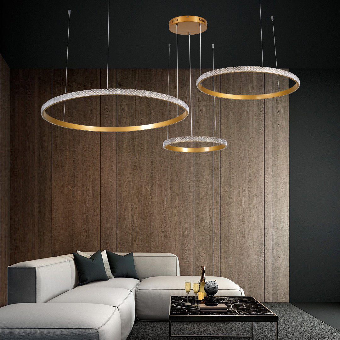 GLOBOSTAR® DIAMOND TRIO 61145 Μοντέρνο Κρεμαστό Φωτιστικό Οροφής LED 120W 14723lm 360° AC 220-240V IP20 Ρυθμιζόμενο Λευκό CCT με Χειριστήριο από 2700K έως 6000K Dimmable - Lumileds SMD Chip - Χρυσό Βούρτσας - Μ150 x Π150 x Υ60cm - 3 Χρόνια Εγγύηση - ledmania.gr