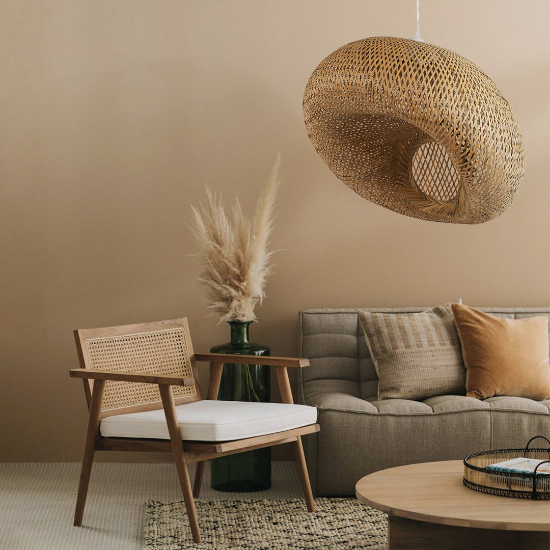 GloboStar® CARIBBEAN 01724 Boho Κρεμαστό Φωτιστικό Ανάρτηση Μονόφωτο 1 x E27 IP20 Μπεζ Ξύλο - Μ60 x Π60 x Υ38cm - ledmania.gr