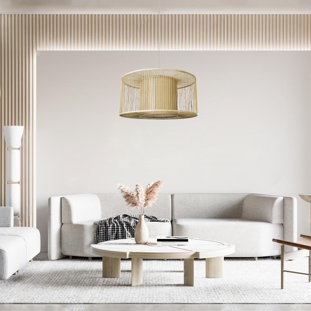 GloboStar® HIBISCUS 01936 Boho Κρεμαστό Φωτιστικό Οροφής Μονόφωτο 1 x E27 AC220-240V IP20 - Φ80 x Υ38cm - Μπεζ Ξύλινο Πλέγμα - 5 Years Warranty - ledmania.gr