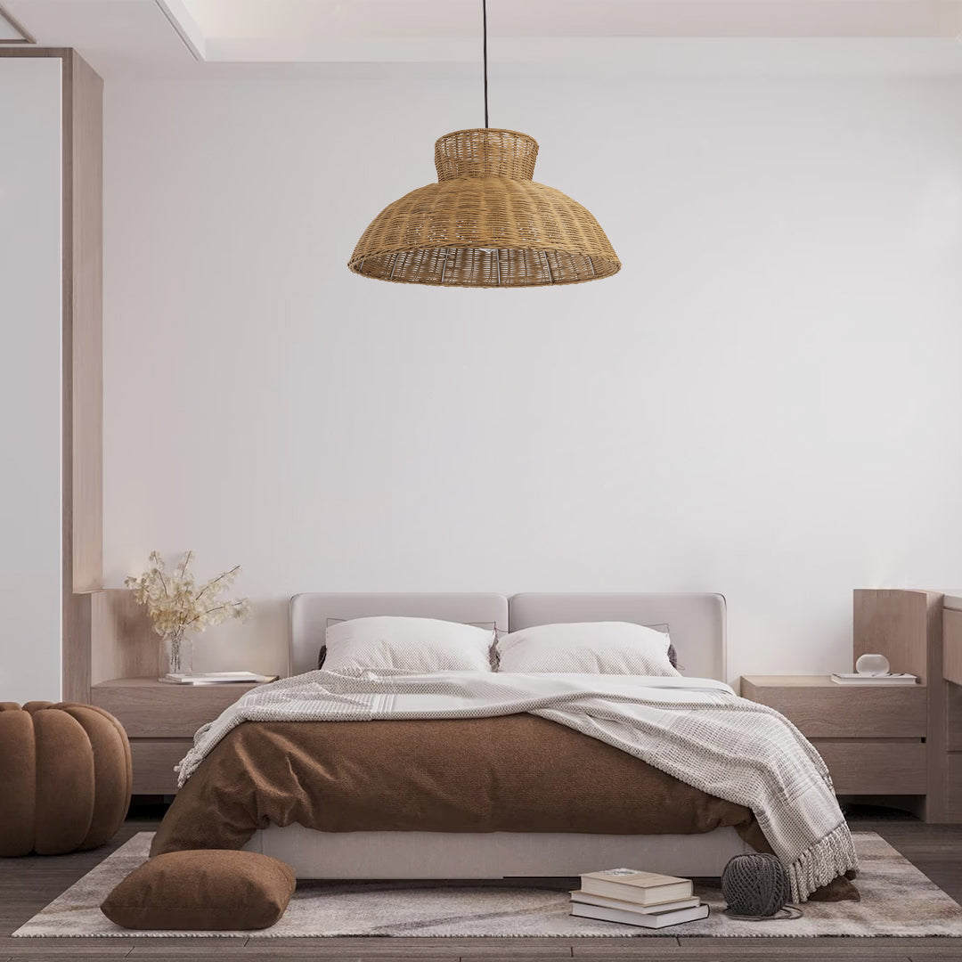 GloboStar® MALABO 02328 Boho Κρεμαστό Φωτιστικό Οροφής Μονόφωτο 1 x E27 AC220-240V IP20 - Φ60 x Υ31cm - Καφέ Ξύλινο Μπαμπού Πλέγμα - ledmania.gr