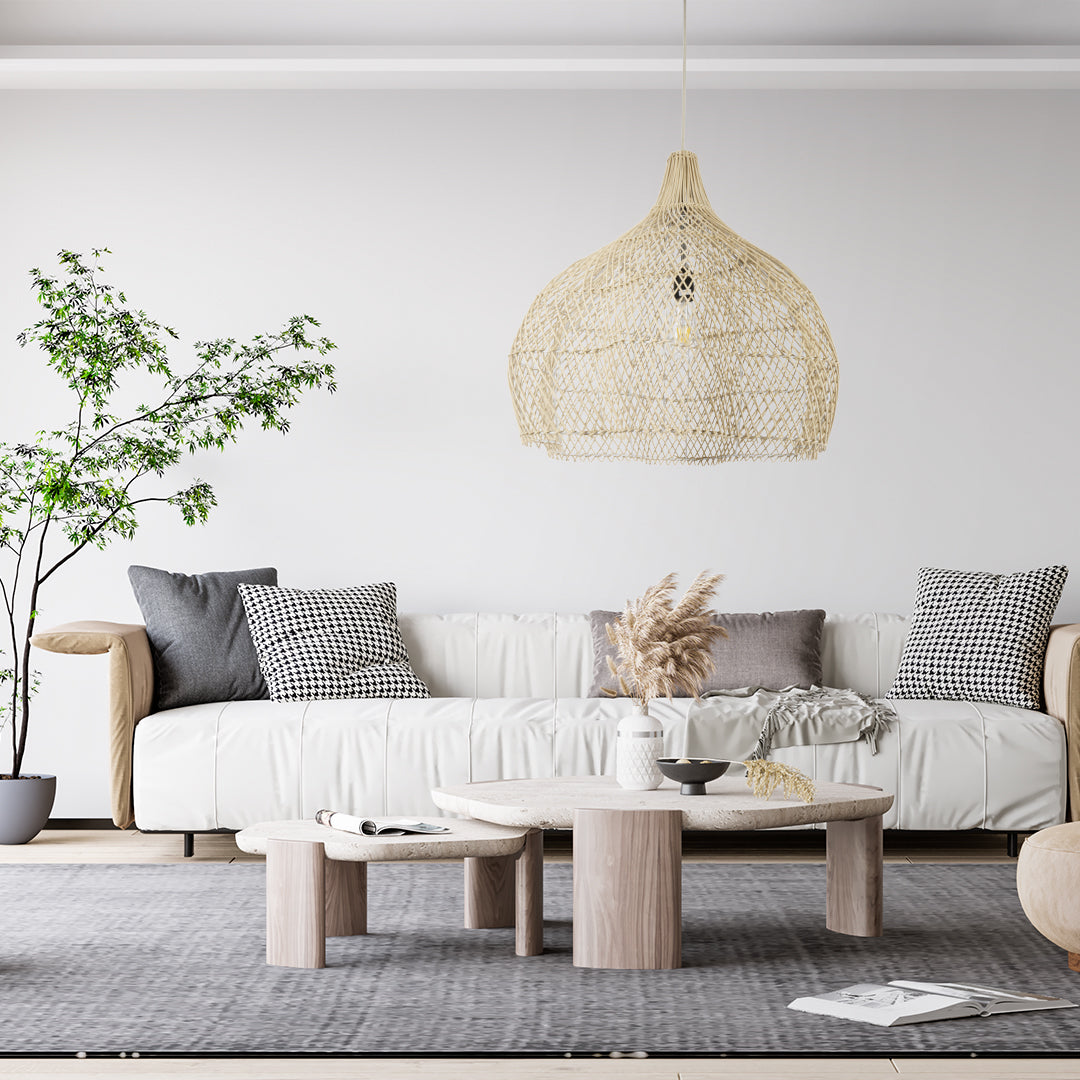 GloboStar® ADEJE 02210 Boho Κρεμαστό Φωτιστικό Οροφής Μονόφωτο 1 x E27 AC220-240V IP20 - Φ60 x Υ60cm - Μπεζ Ξύλινο Μπαμπού Πλέγμα Καμπάνα - ledmania.gr