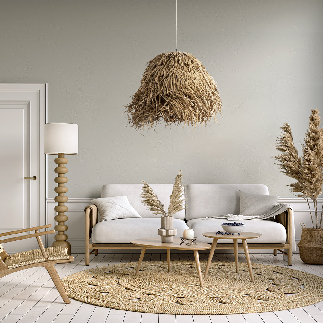 GloboStar® GUADELOUPE 02157 Boho Κρεμαστό Φωτιστικό Πλέγμα Μονόφωτο 1 x E27 IP20 Μπεζ Ράφια - Μ50 x Π50 x Υ40cm - ledmania.gr