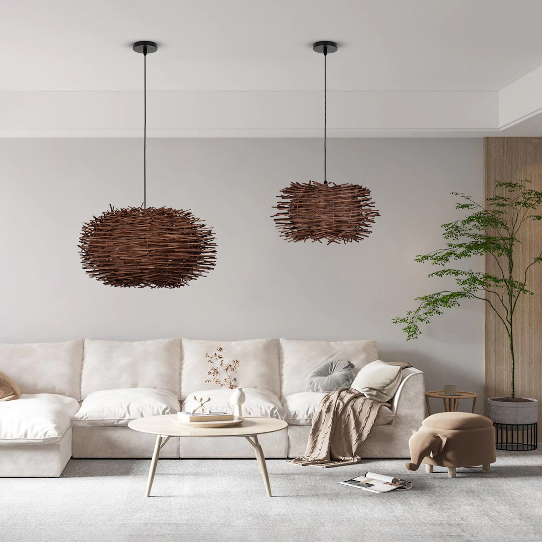 GloboStar® MINORCA 01732 Boho Κρεμαστό Φωτιστικό Ανάρτηση Μονόφωτο 1 x E27 IP20 Καφέ Ξύλο - Μ30 x Π30 x Y18cm - ledmania.gr