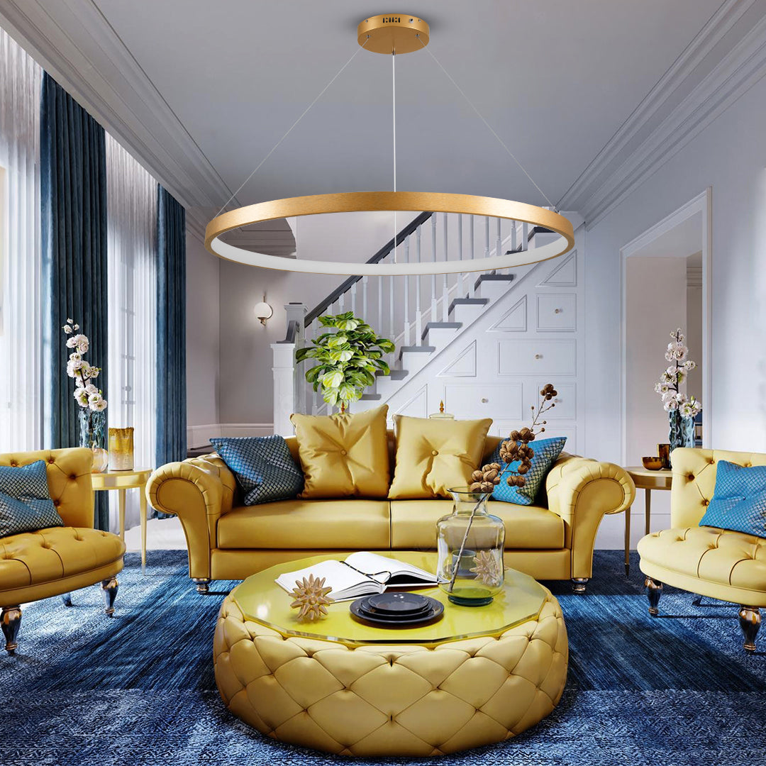 GLOBOSTAR® NEMESIS 61166 Μοντέρνο Κρεμαστό Φωτιστικό Οροφής LED 75W 8743lm 360° AC 220-240V IP20 Ρυθμιζόμενο Λευκό CCT με Χειριστήριο από 2700K έως 6000K Dimmable - Lumileds SMD Chip - Χρυσό Βούρτσας - Μ100 x Π100 x Υ4cm - 3 Χρόνια Εγγύηση - ledmania.gr