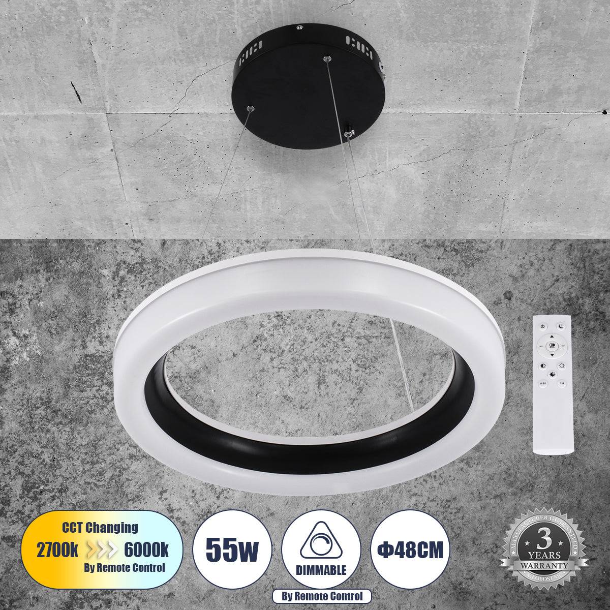 GloboStar® ARIANA 61037 Κρεμαστή Πλαφονιέρα Οροφής Κύκλος LED CCT 55W 6376lm 120° AC 220-240V - Εναλλαγή Φωτισμού μέσω Τηλεχειριστηρίου All In One Ψυχρό Λευκό 6000k+Φυσικό Λευκό 4500k+Θερμό Λευκό 2700k Dimmable Φ48cm - Μαύρο - 3 Years Warranty - ledmania.gr