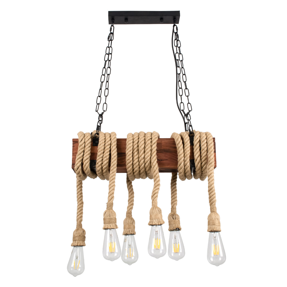GloboStar® VIKING 00606 Vintage Κρεμαστό Φωτιστικό Οροφής Πολύφωτο 6 x E27 Σκούρο Καφέ Μεταλλικό Ξύλινο Ράγα Μ53 x Π11 x Υ96cm έως Y220cm max - ledmania.gr