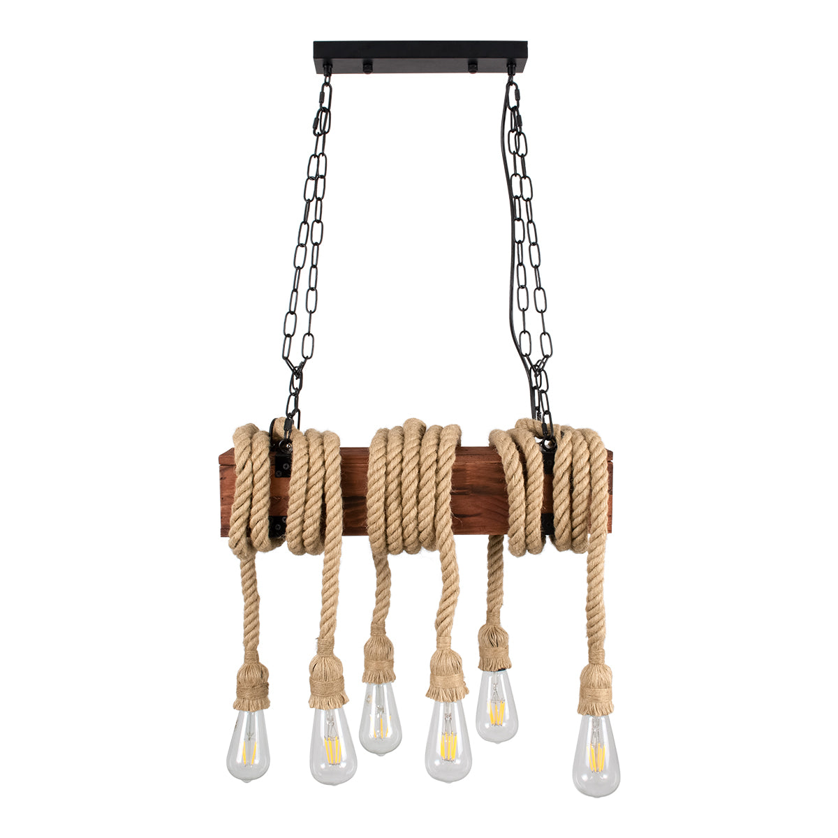 GloboStar® VIKING 00606 Vintage Κρεμαστό Φωτιστικό Οροφής Πολύφωτο 6 x E27 Σκούρο Καφέ Μεταλλικό Ξύλινο Ράγα Μ53 x Π11 x Υ96cm έως Y220cm max - ledmania.gr
