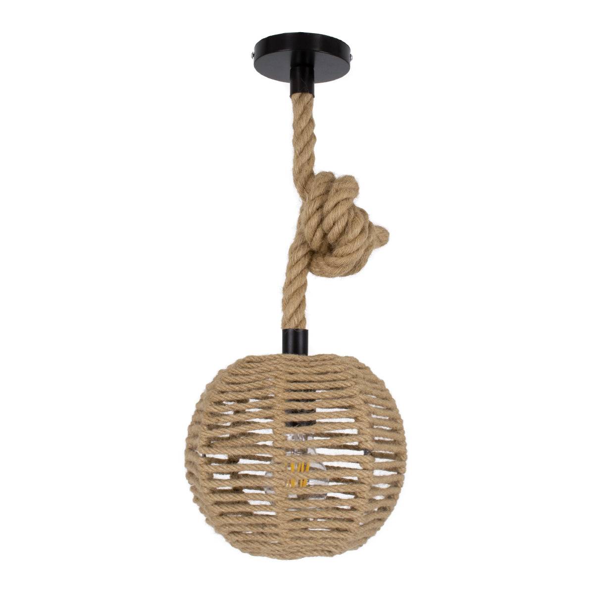 GloboStar® ORLEAN 00730 Vintage Κρεμαστό Φωτιστικό Οροφής Μονόφωτο Πλέγμα με Μπεζ Σχοινί Φ20 x Υ20cm - ledmania.gr