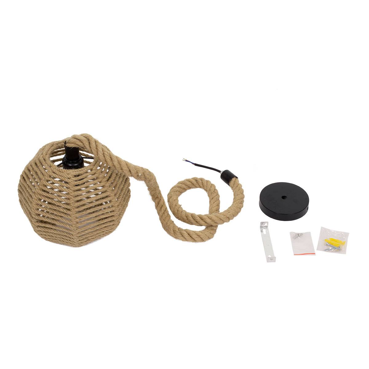 GloboStar® ORLEAN 00730 Vintage Κρεμαστό Φωτιστικό Οροφής Μονόφωτο Πλέγμα με Μπεζ Σχοινί Φ20 x Υ20cm - ledmania.gr