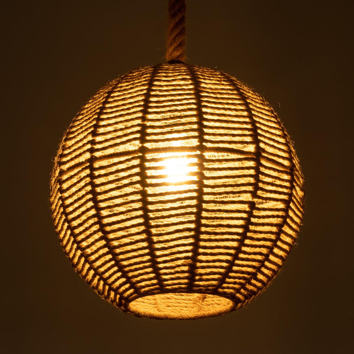 GloboStar® MANDALA 00731 Vintage Κρεμαστό Φωτιστικό Οροφής Μονόφωτο Πλέγμα με Μπεζ Σχοινί Φ30 x Υ30cm - ledmania.gr
