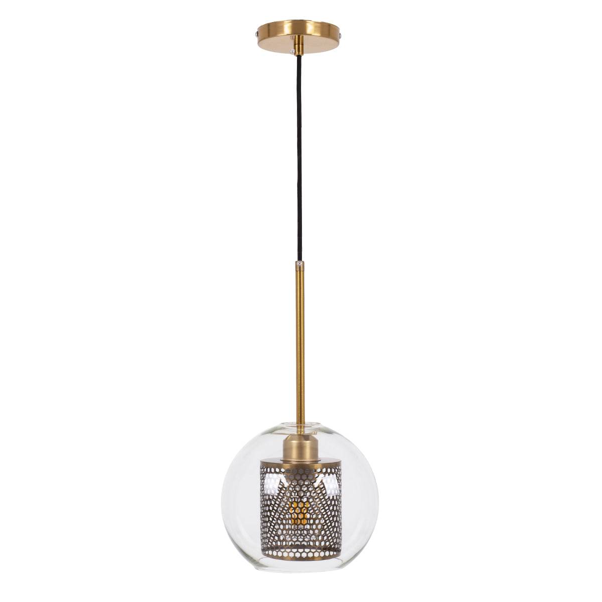 GloboStar® AVERY 00739 Μοντέρνο Κρεμαστό Φωτιστικό Οροφής Μονόφωτο Διάφανο Γυάλινο με Χρυσό Μεταλλικό Πλέγμα Φ18 x Υ38cm - ledmania.gr