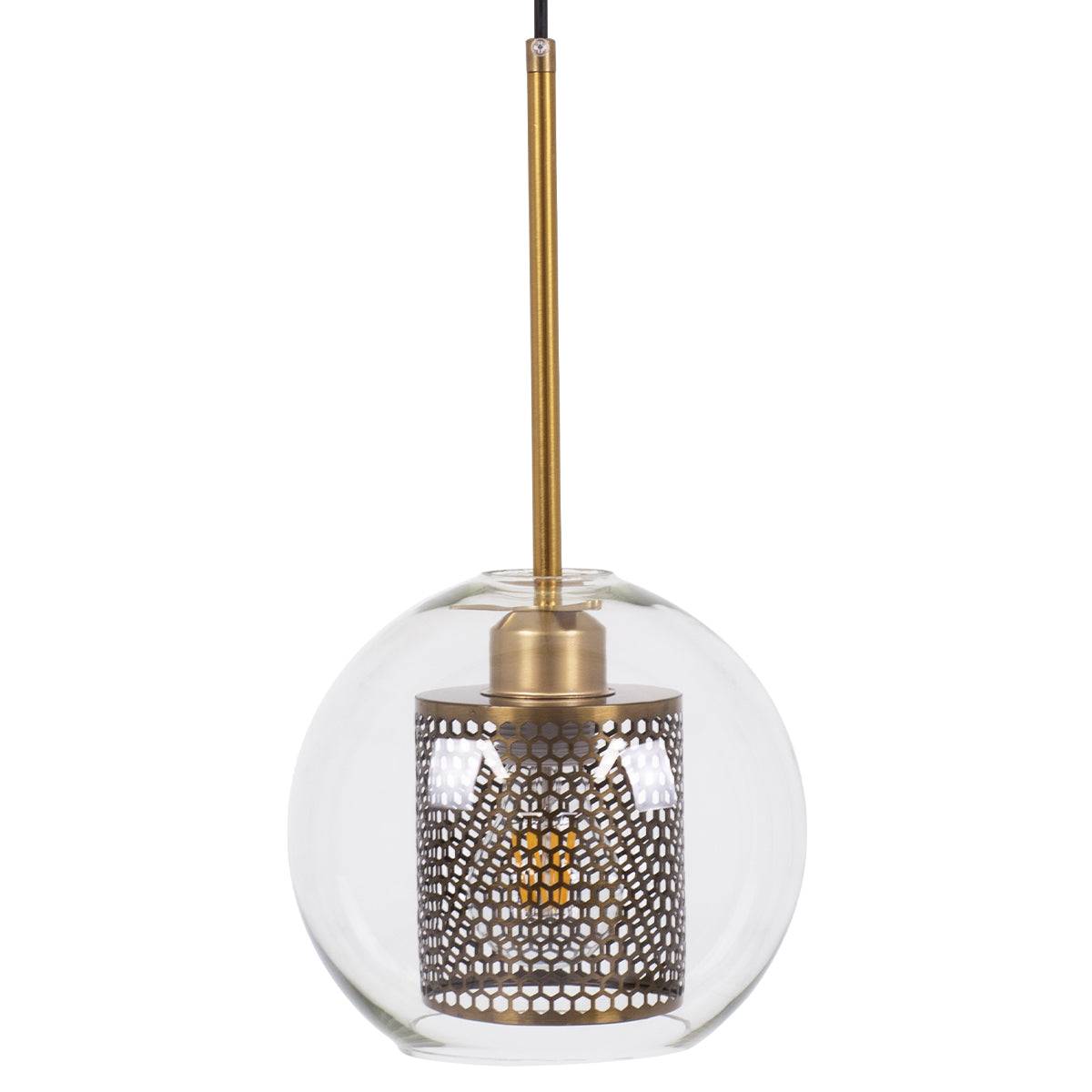 GloboStar® AVERY 00739 Μοντέρνο Κρεμαστό Φωτιστικό Οροφής Μονόφωτο Διάφανο Γυάλινο με Χρυσό Μεταλλικό Πλέγμα Φ18 x Υ38cm - ledmania.gr