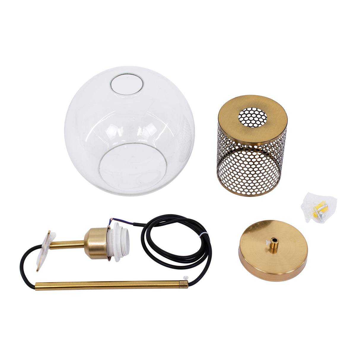 GloboStar® AVERY 00739 Μοντέρνο Κρεμαστό Φωτιστικό Οροφής Μονόφωτο Διάφανο Γυάλινο με Χρυσό Μεταλλικό Πλέγμα Φ18 x Υ38cm - ledmania.gr