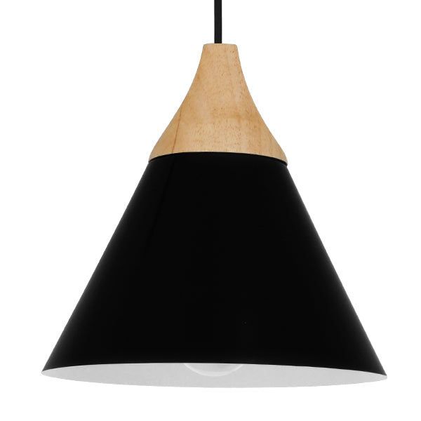 GloboStar® SHADE 00906 Μοντέρνο Κρεμαστό Φωτιστικό Οροφής Μονόφωτο Μαύρο Μεταλλικό με Ξύλο Καμπάνα Φ23 x Υ22cm - ledmania.gr